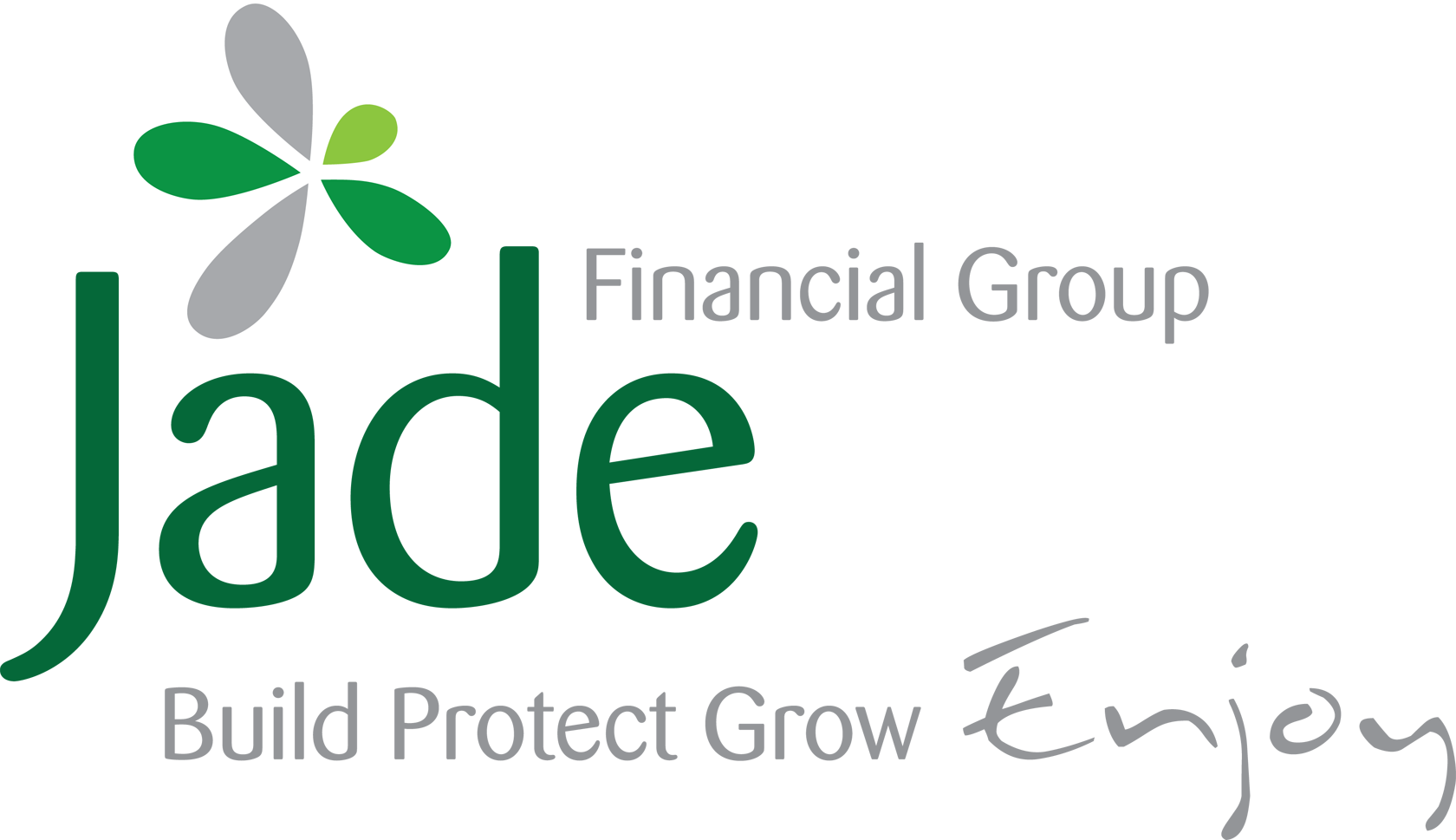 Jade Financial Group logo with slogan 'Build Protect Grow Enjoy' in green and gray colors.