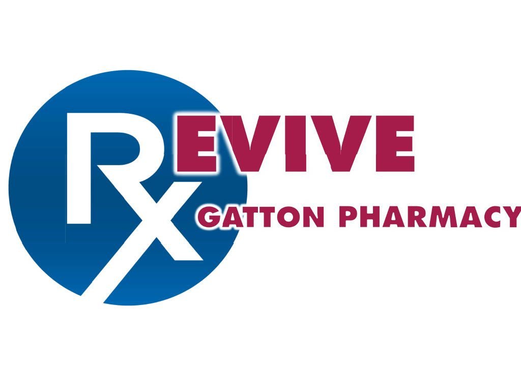 Logo of Revive Gatton Pharmacy featuring a large RX symbol on a blue circle with red text overlay.
