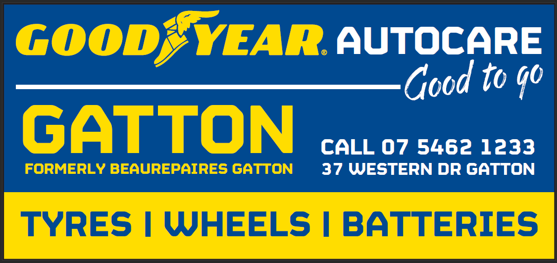 Goodyear Autocare sign for Gatton location, formerly Beaurepaires, offering tyres, wheels, batteries, with contact details.