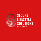 Red background with a fingerprint lock icon and the text "Secure Lifestyle Solutions, Peace of Mind."
