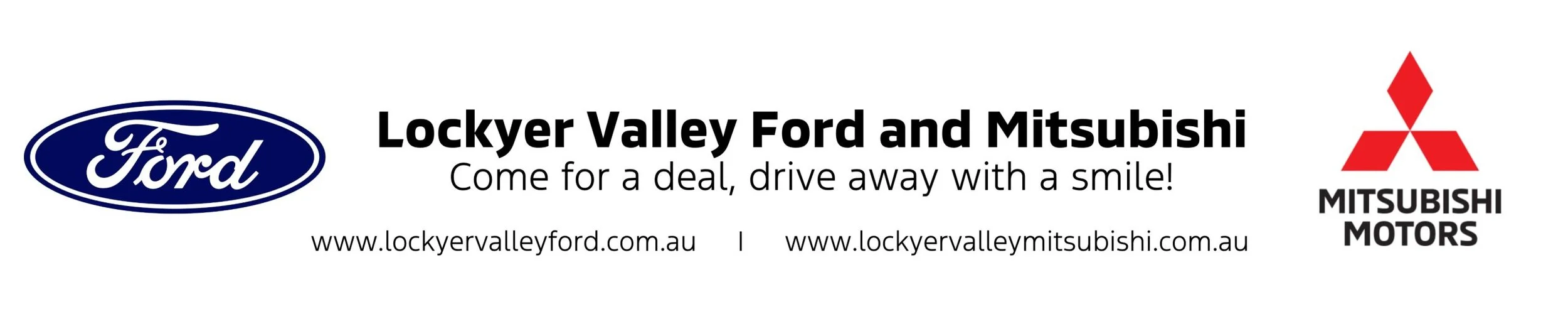 Logos for Lockyer Valley Ford and Mitsubishi with slogans and website URLs, featuring Ford and Mitsubishi logos.