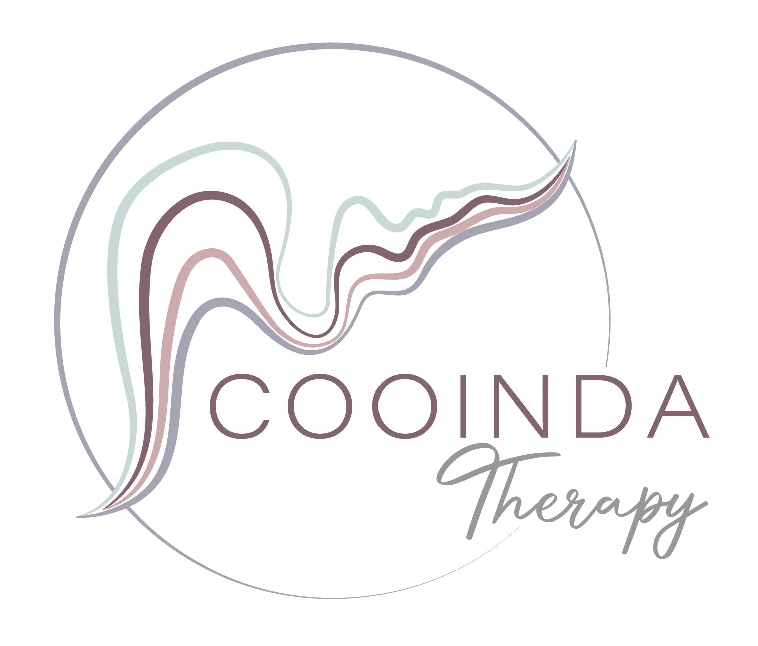 Cooinda Therapy logo with abstract wave design in pastel colors inside a circle.