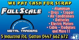 Advertisement for FullScale Metal Traders located at 5 Industrial Rd, Gatton, offering cash for scrap materials such as aluminum, brass, copper, air conditioners, batteries, electric motors, cable, and radiators. Features contact number 0447 662 672 and Facebook icon.