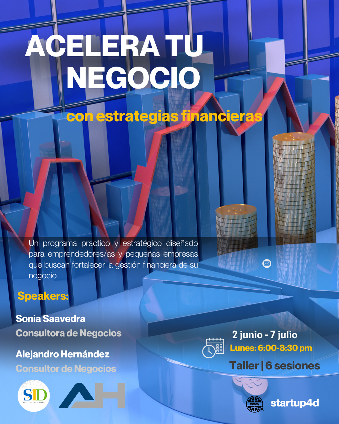 Folleto publicitario de un taller online titulado 'Programa de Finanzas para crecer tu Negocio'. Incluye imágenes de gráficos y un calendario que menciona fechas del 2 de junio al 7 de julio, los lunes de 18:00 a 20:30 horas. Hay un botón de registro y un número de contacto. Marca de empresa: SID Business Consulting.