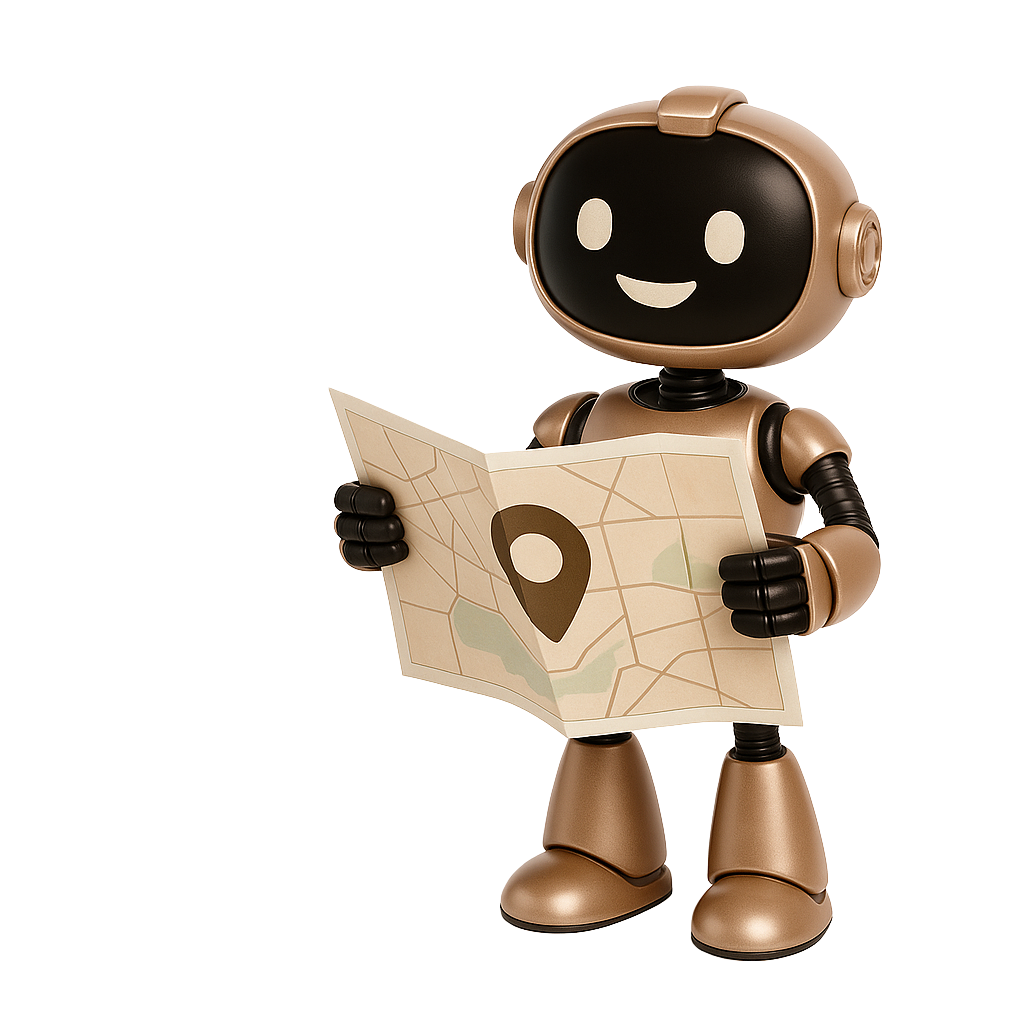 A friendly robot with a black face and a big smile, holding a map with a location marker.