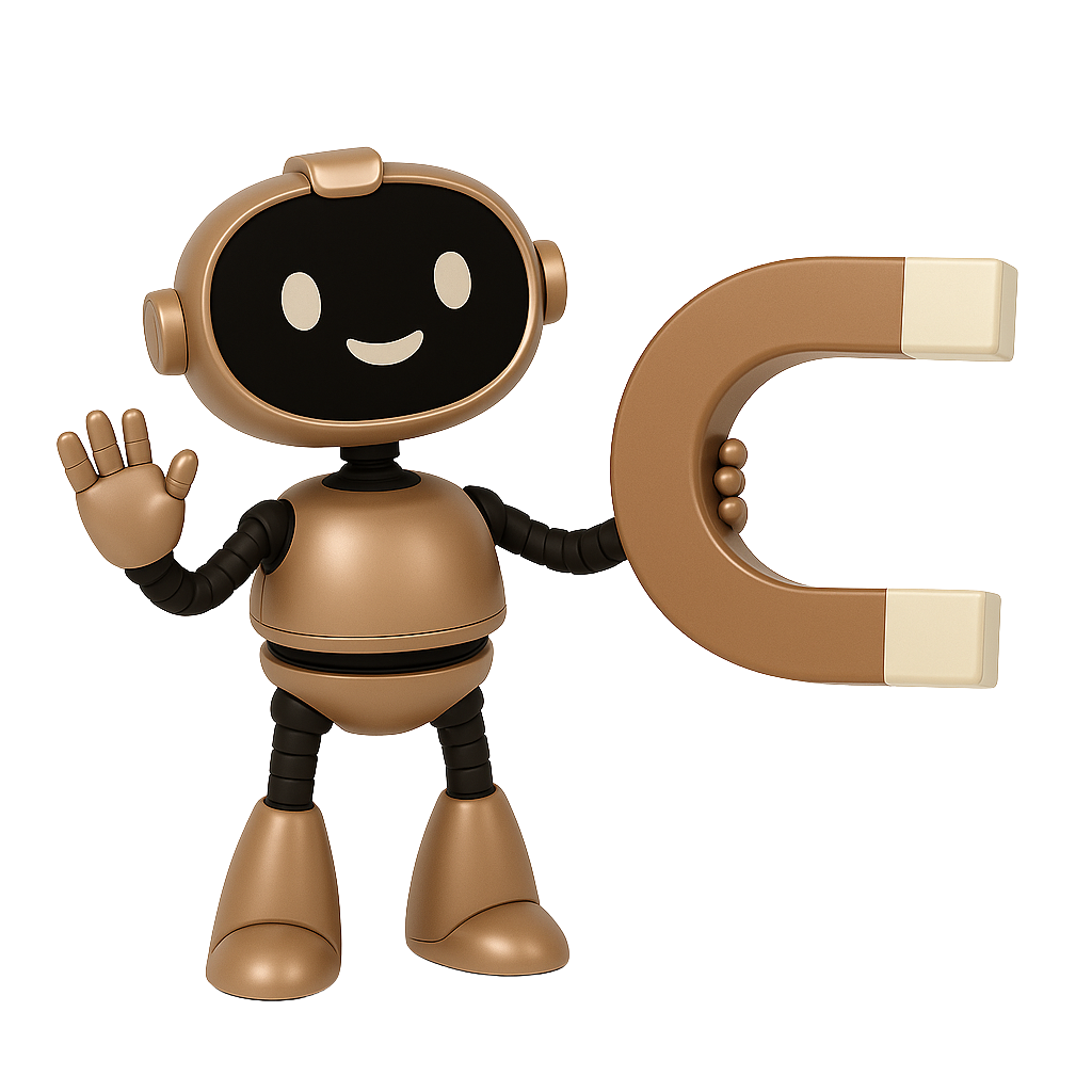 A robot cartoon character with a black face displaying a smiley face, waving with its right hand, standing next to a large horseshoe magnet.