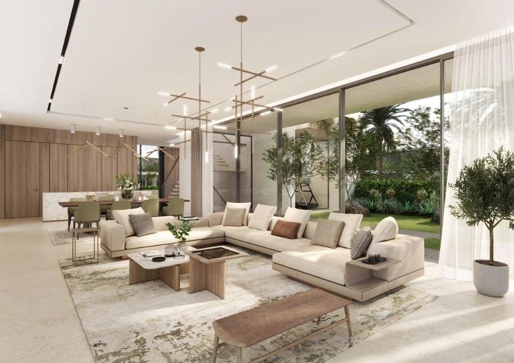 3D render of spacious living room and dining area in Expo City Dubai, Real Estate Agent in Dubai