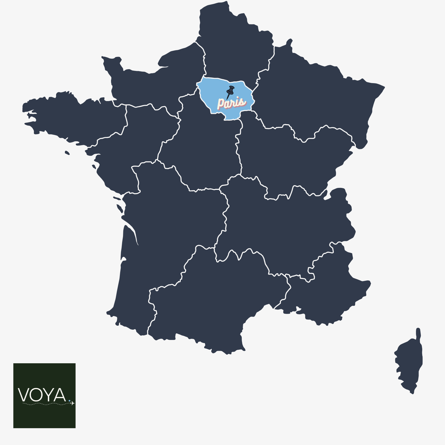 Map of France with the region containing Paris highlighted in light blue. The word 'Paris' with a pushpin icon is marked within that region. The remaining regions are shaded in dark blue. A dark green logo with the word 'VOYA' is in the bottom left corner.