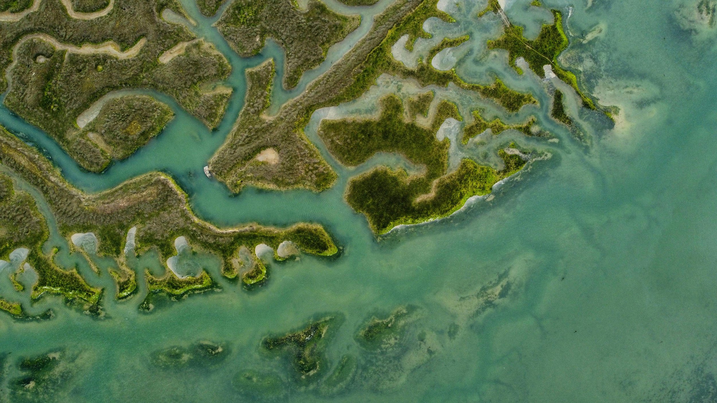 Aerial view of a coastal area with winding waterways, green vegetation, and small islands in the water. VOYA curates bespoke travel experiences in France and Napa Valley.