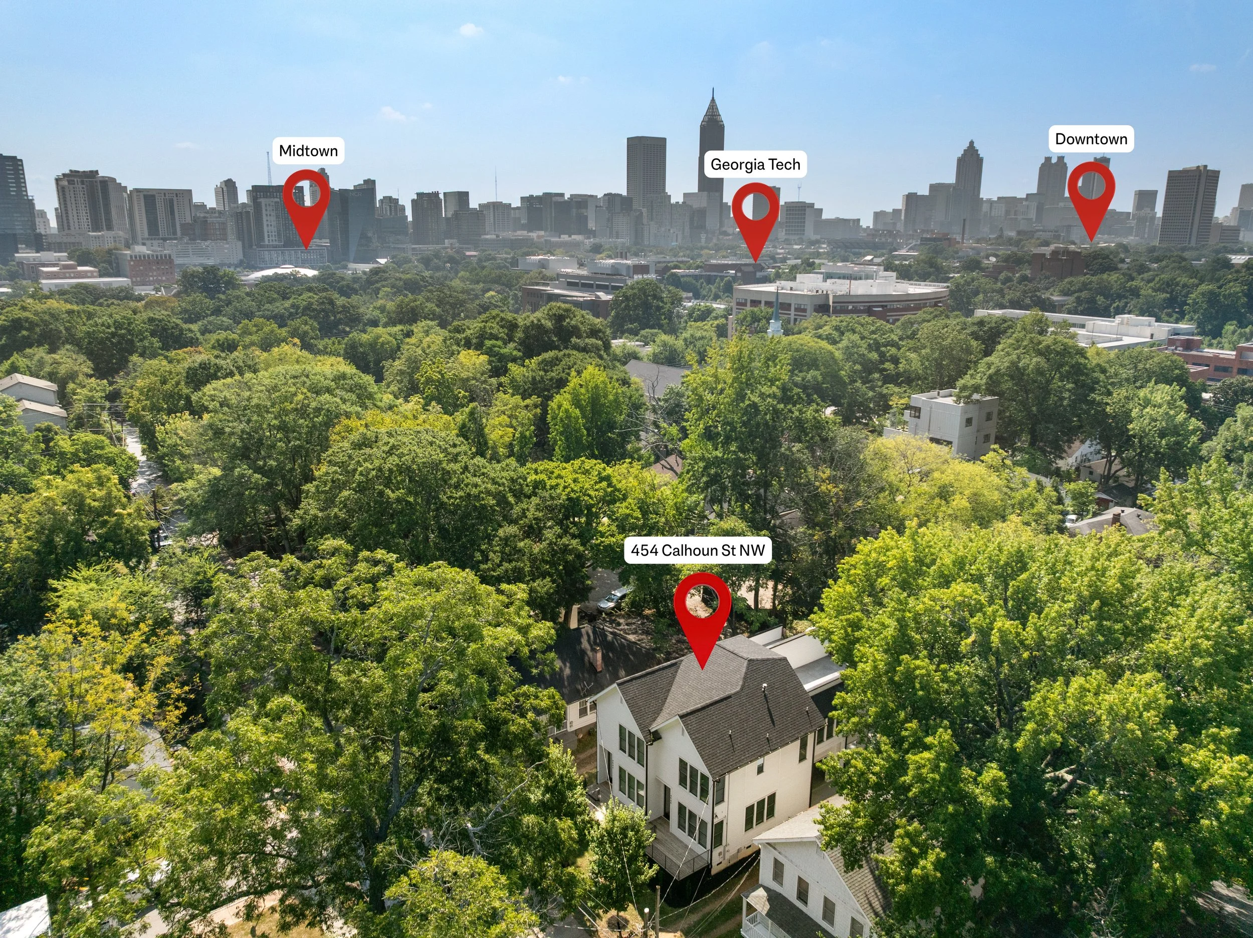 Aerial view of Atlanta, Georgia, showing 454 Calhoun Street NW near Georgia Tech, with Midtown and downtown labeled in the skyline.