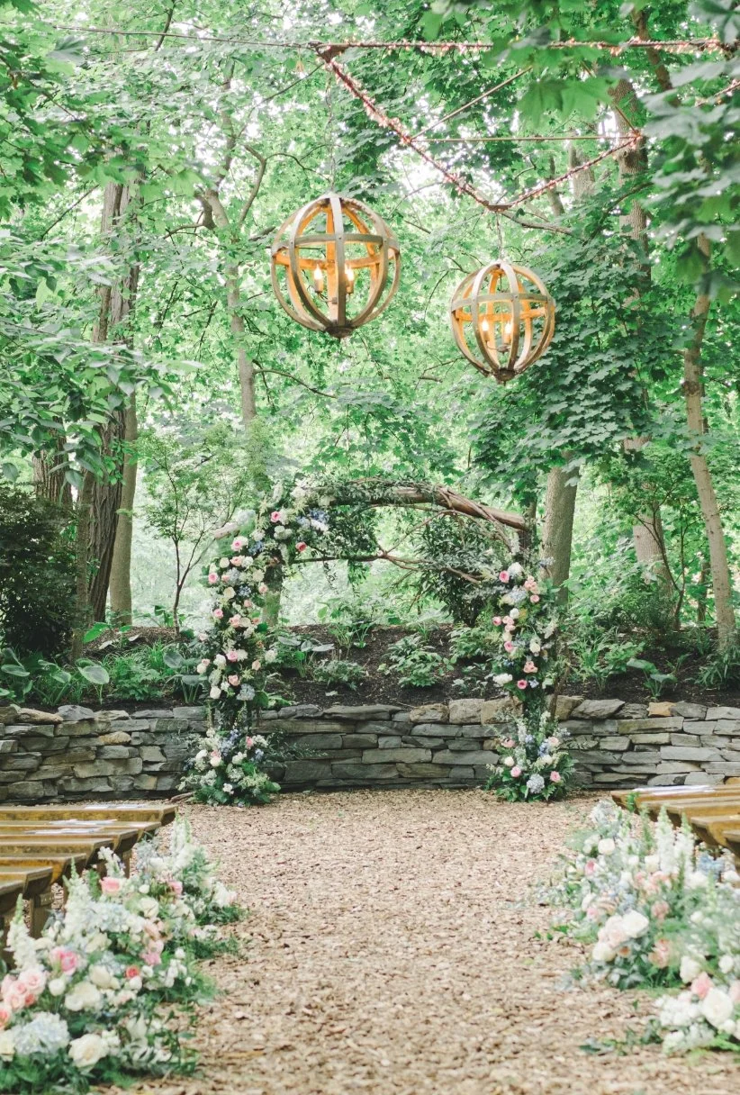Floral woodland alter with lighted globes