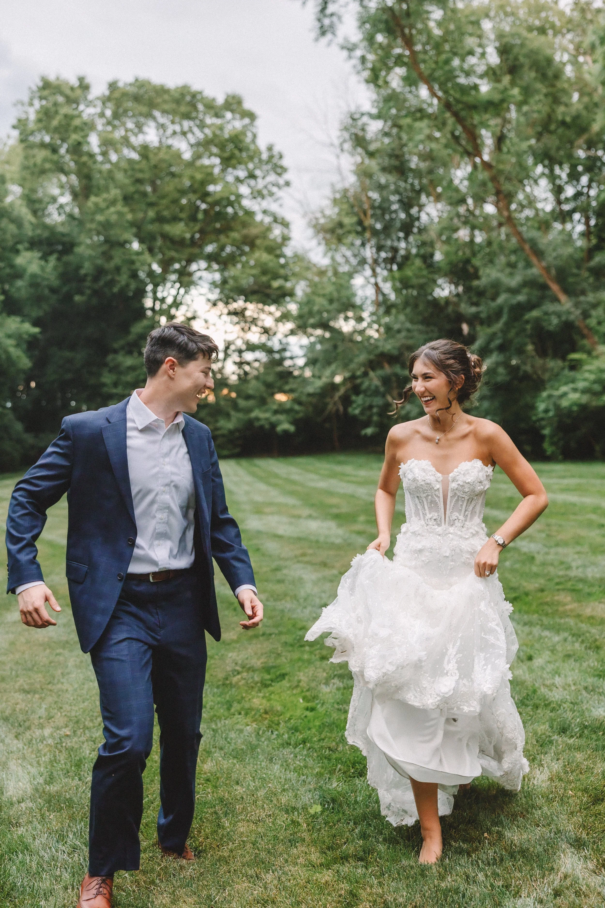 bride and groom running photo