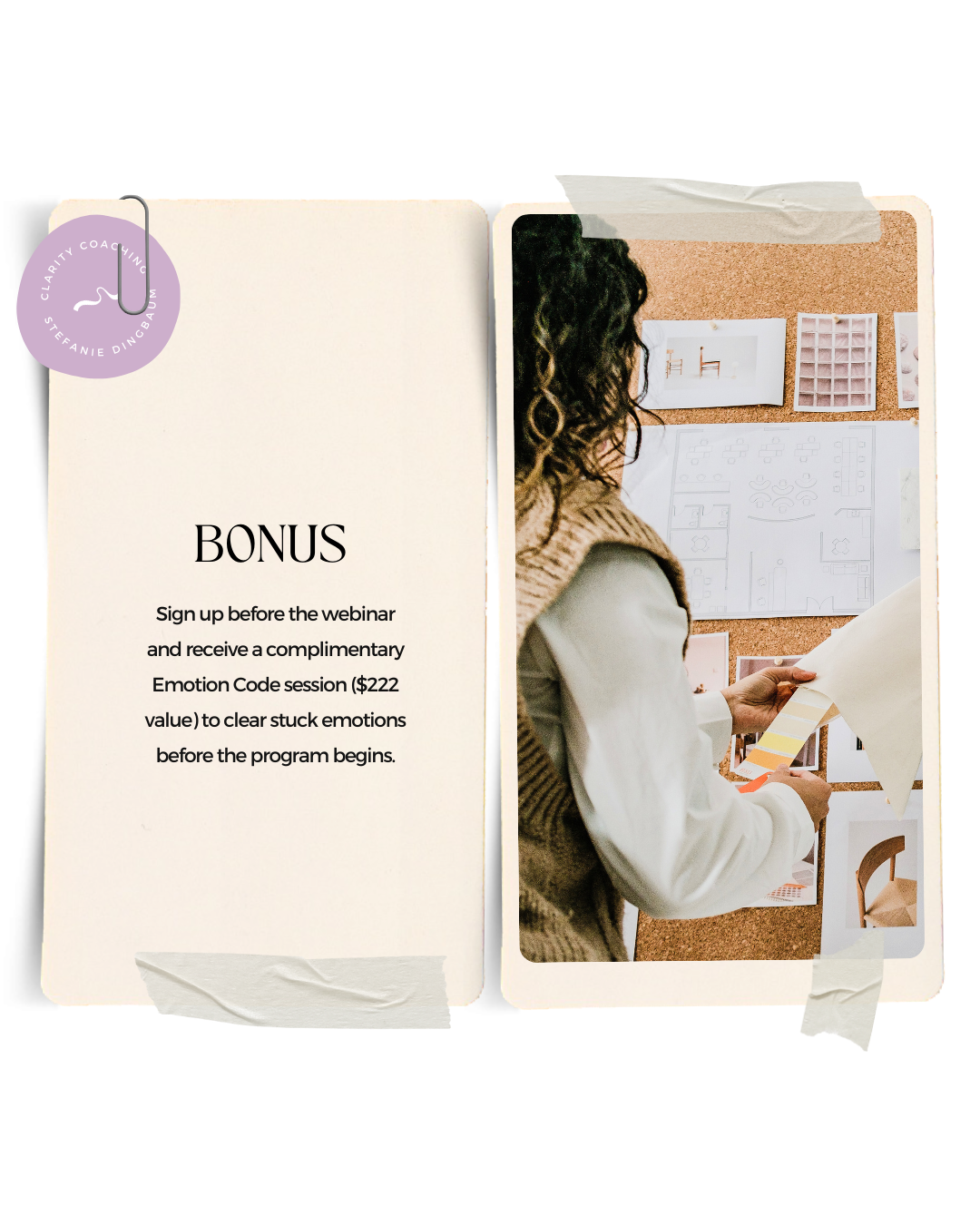 Open notebook with a bonus offer on the left page and a woman reviewing design sketches on the right page.