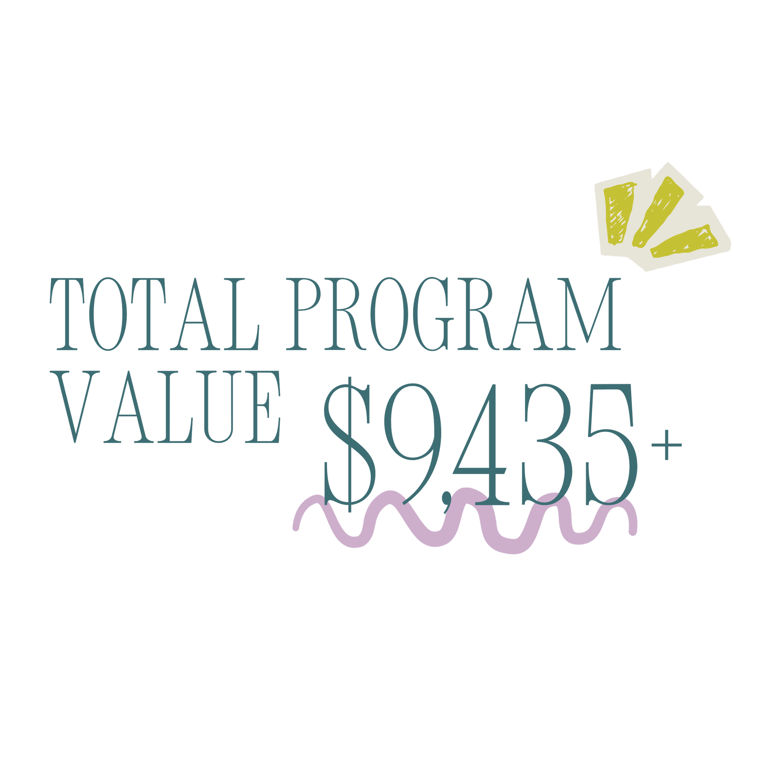 Text presenting a total program value of over $9435, with a graphic of three cards and some wavy lines.