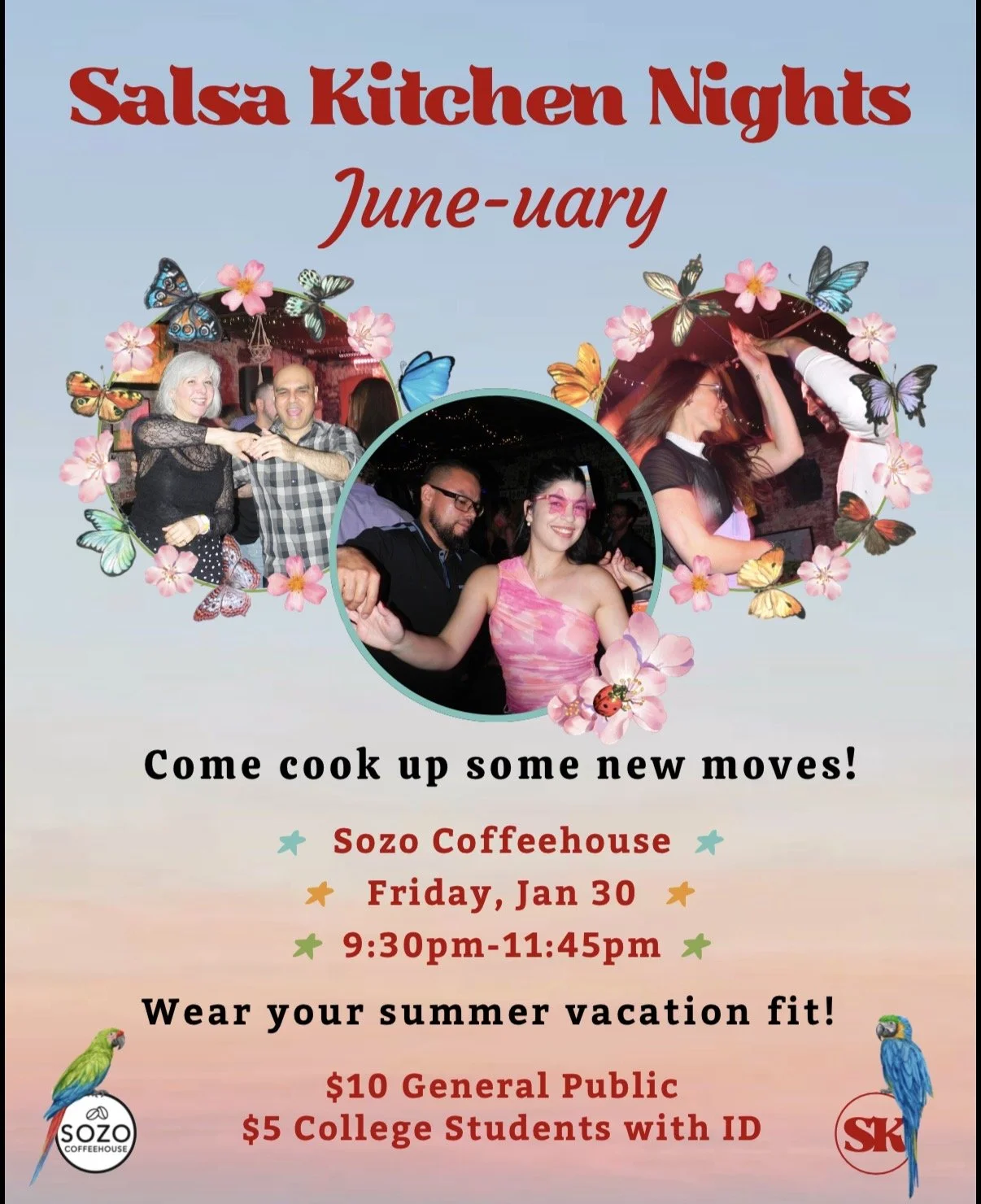 Promotion for Salsa Kitchen Nights at Sozo Coffeehouse in June, featuring images of people dancing and enjoying the salsa and bachata dancing event, with colorful butterflies, flowers, and parrots, details about the date, time, and ticket prices.
