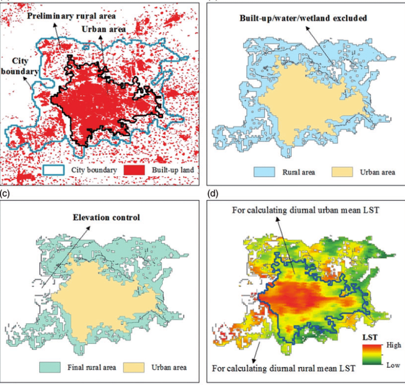 A series of maps depicting land use and urban planning in a city. The first map shows city boundary in blue, built-up land in red, and urban, pre-urban, and rural areas. The second map separates rural and urban areas, with rural in blue and urban in yellow, excluding built-up/water/wetland areas. The third map illustrates elevation control, with final rural areas in blue and urban areas in yellow. The fourth map shows diurnal urban mean LST, with high temperatures in red, low in green, and outlines of the urban area for calculating diurnal LST.