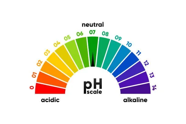 Color-coded pH scale from 0 to 14, indicating acidity with red shades on the left, neutrality in the middle, and alkalinity with purple shades on the right.