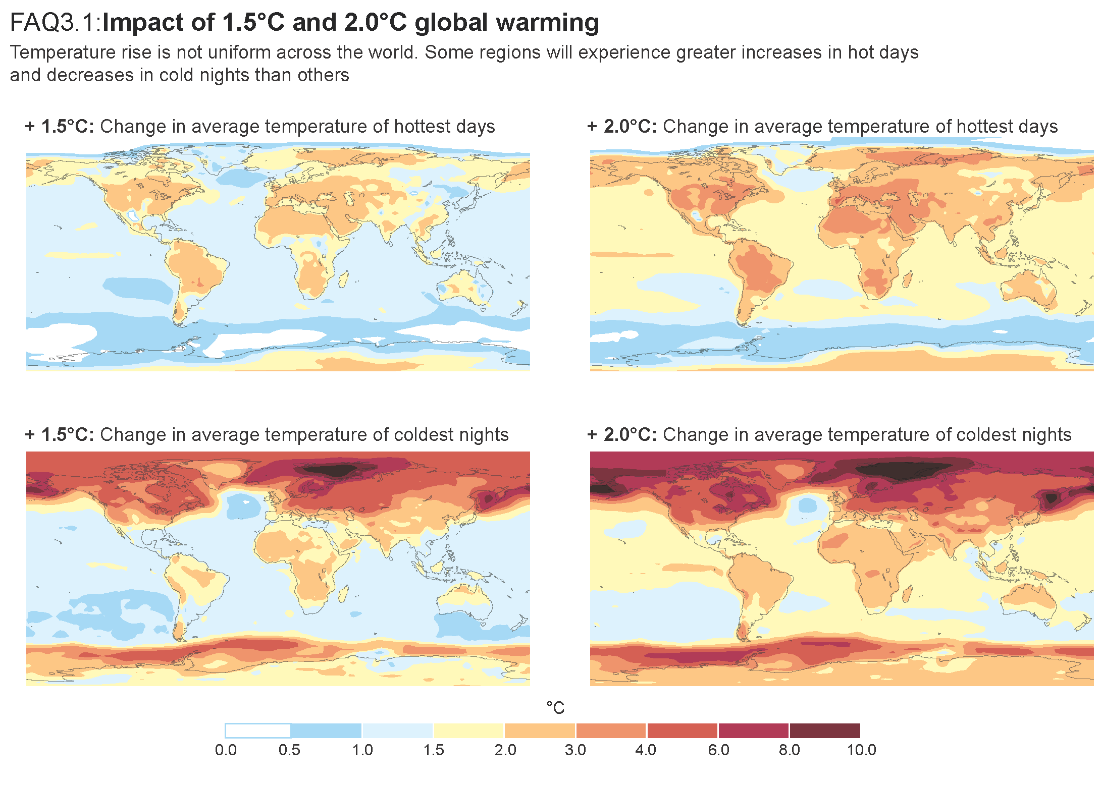 Maps illustrating the impact of 1.5°C and 2.0°C global warming on temperature changes, showing increases in average temperature of hottest and coldest days and nights worldwide, with warmer areas marked in shades of orange, red, and dark red.