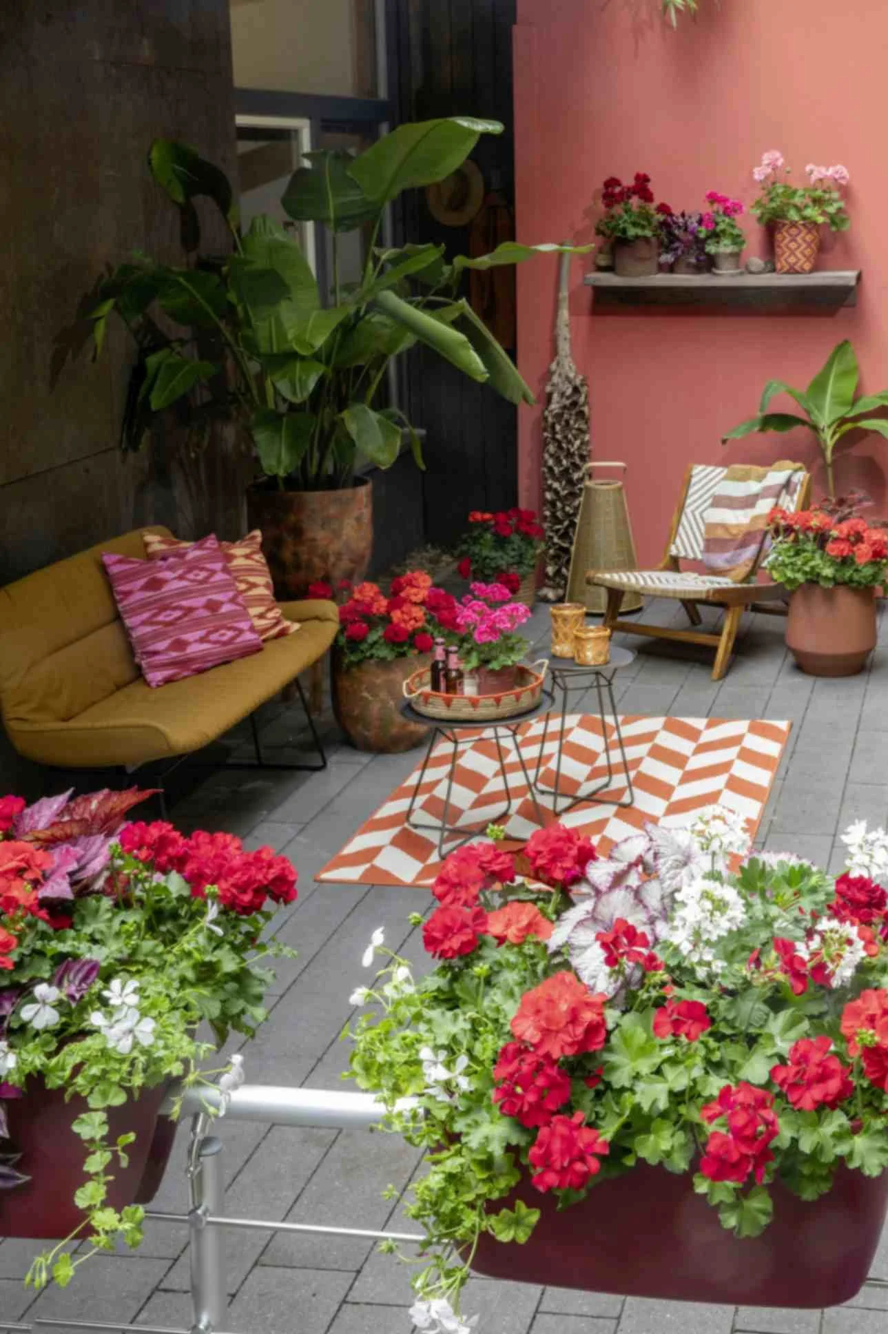 flexible living space outdoors with plants and bright flowers with outdoor furniture