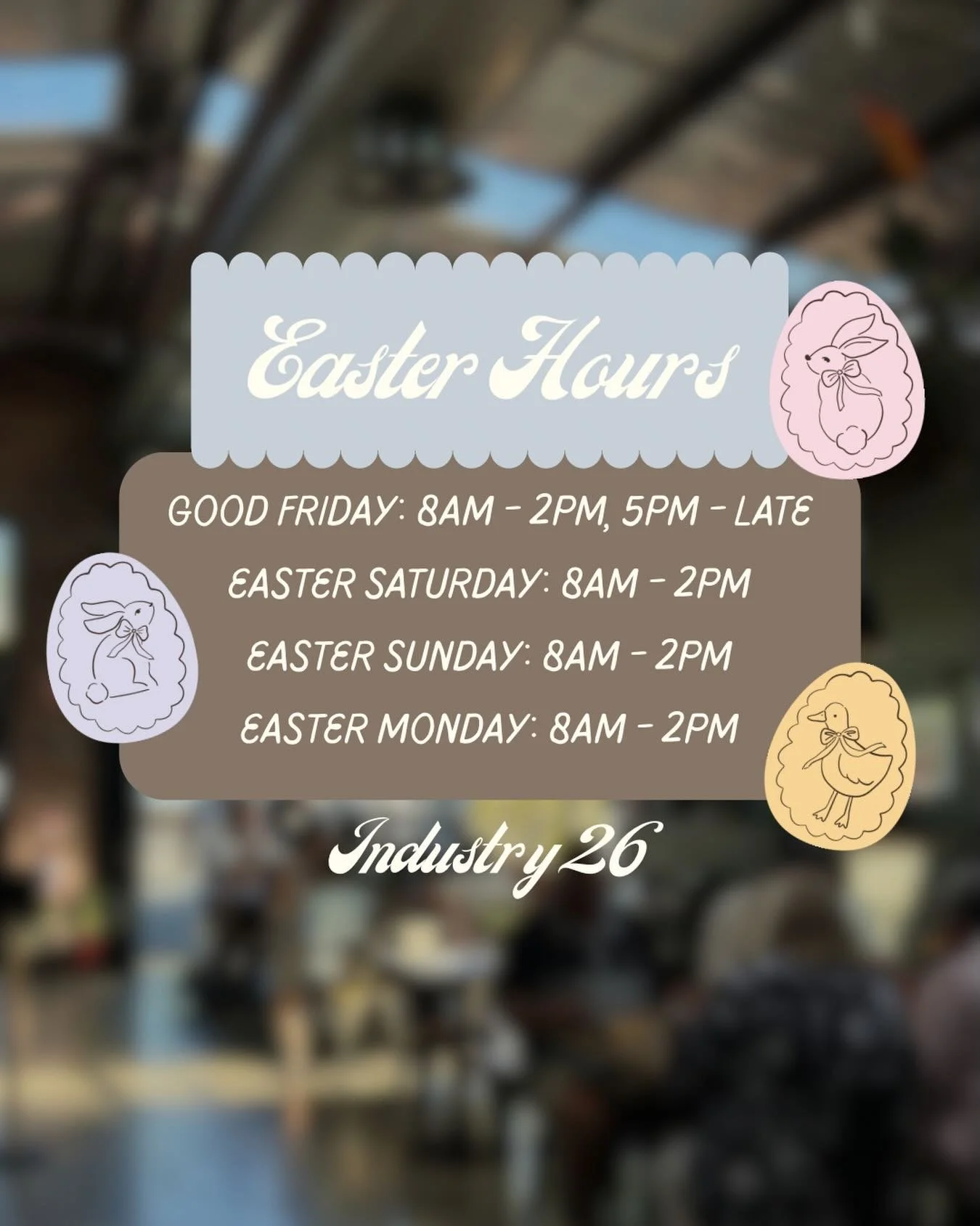 Easter weekend is fast approaching, here is our adjusted hours! Keep an eye out for some Easter fun around the cafe leading up to the big day! 🐰 🪺 ❤️