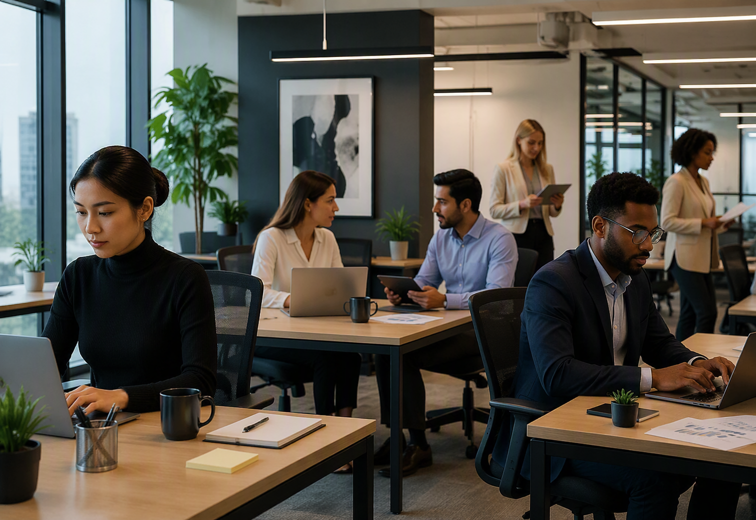 Office workers working at desks, some using laptops and tablets, in a modern open-plan office with large windows, potted plants, and contemporary decor.