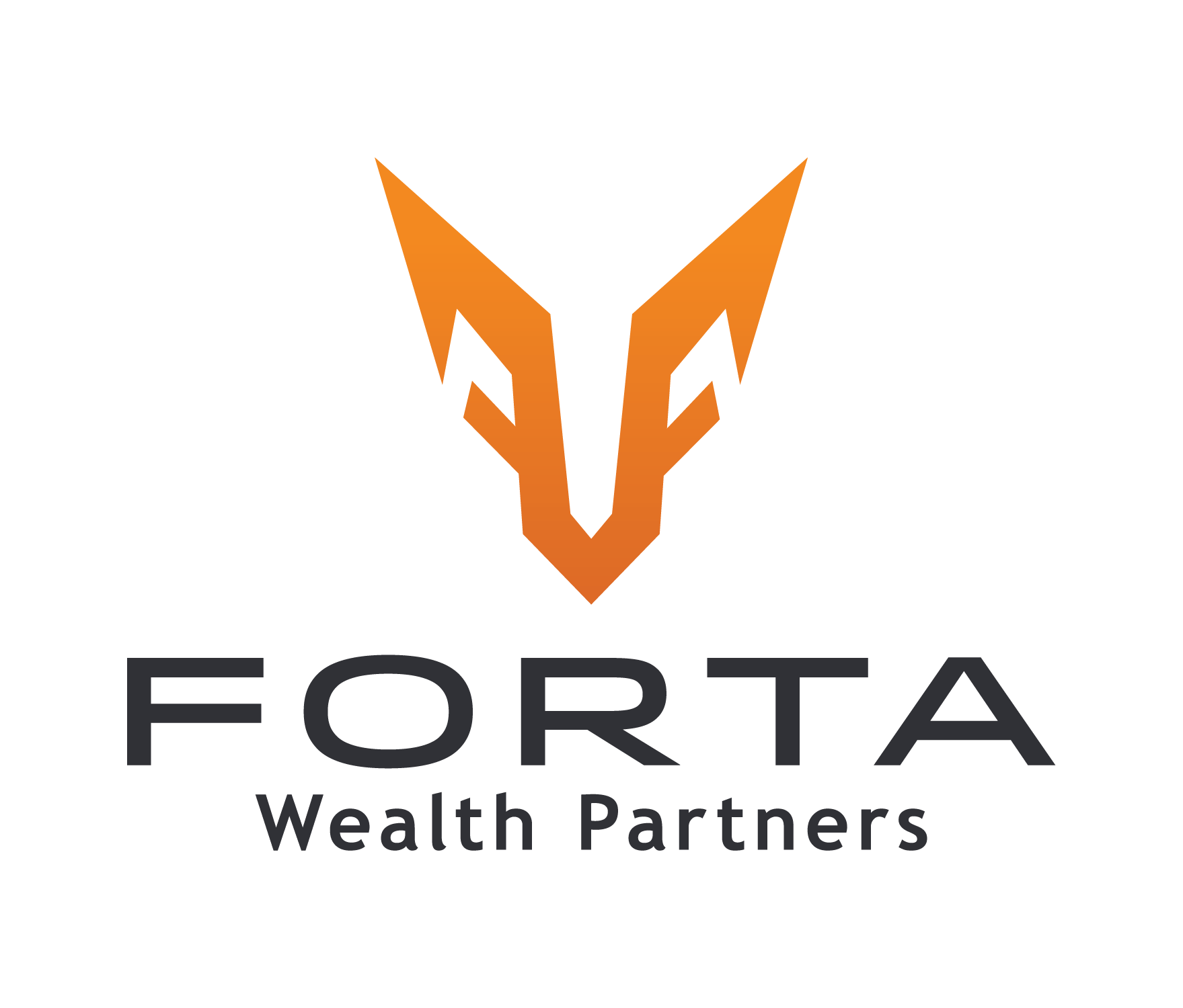 The logo features an abstract orange fox head with sharp, geometric lines, above the word FORTA in large, black uppercase letters, and underneath in smaller font, the phrase Wealth Partners.
