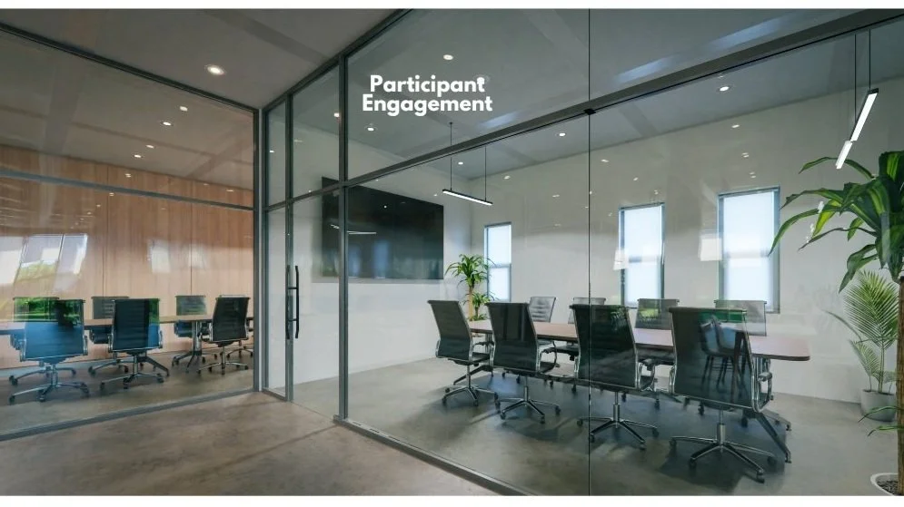 Modern conference rooms with glass walls, chairs around a table, and a large screen, labeled 'Participant Engagement'.