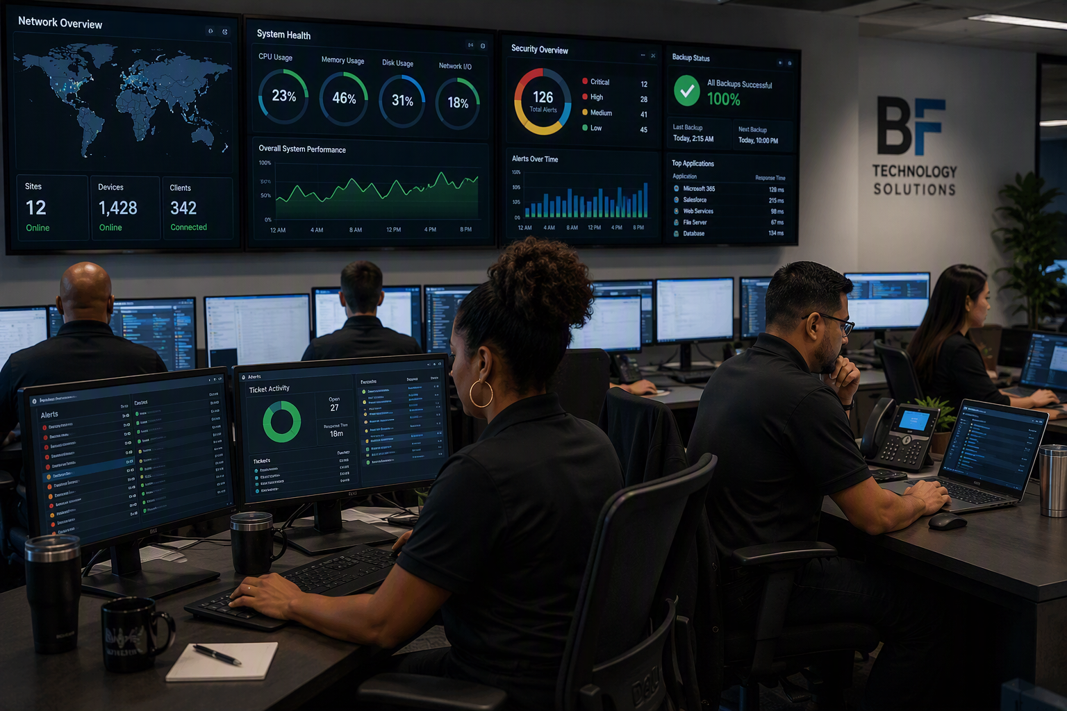 Office control room with multiple employees working on computers and large screens displaying data, graphs, and maps.