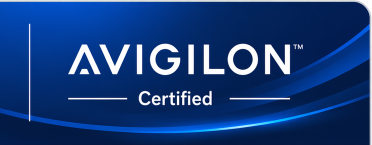 AVIGILON Certified logo on a blue background with wave design.