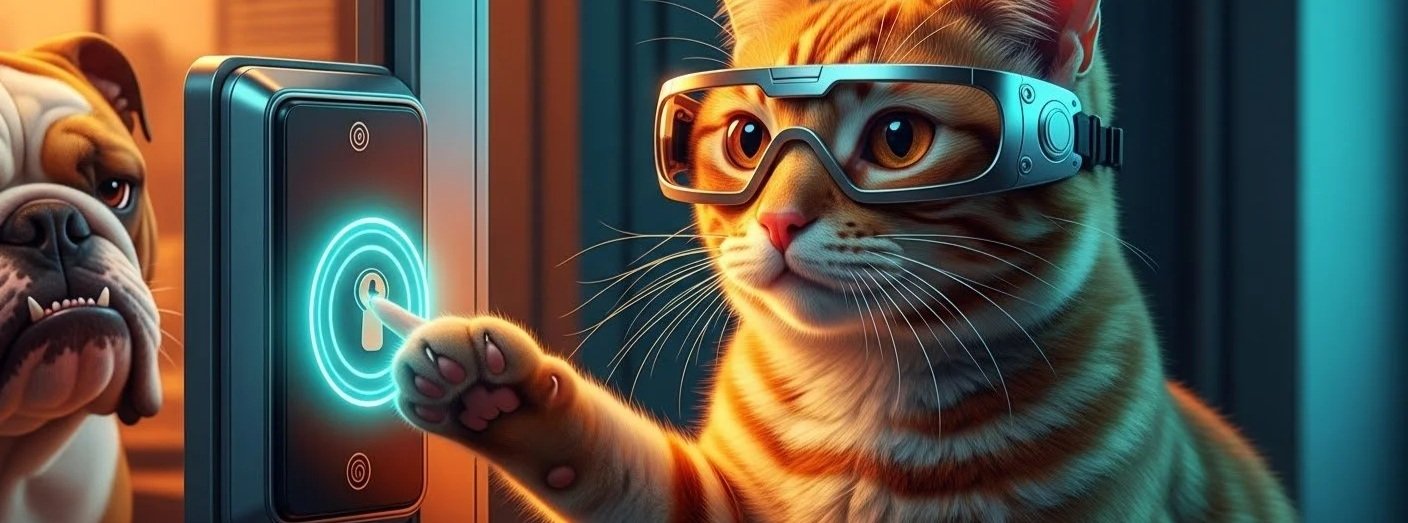 A cat wearing goggles presses a fingerprint scanner with its paw, with a bulldog looking on in the background.
