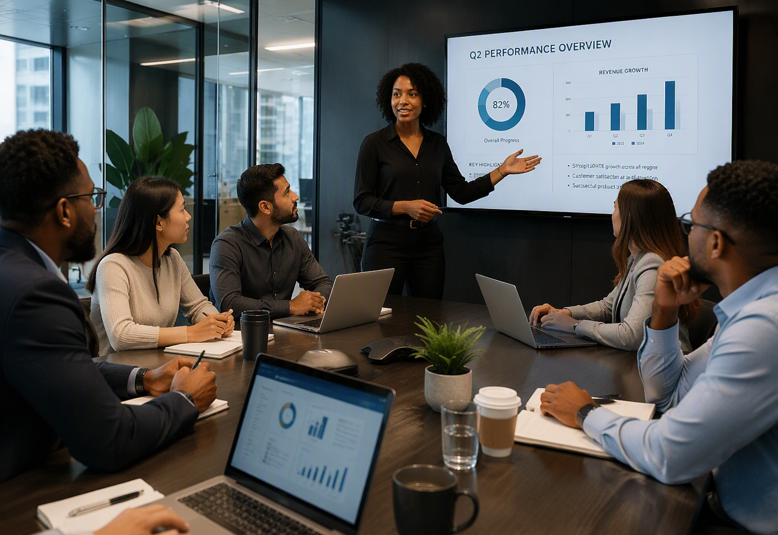 A diverse group of professionals in a business meeting, with a woman presenting data on a large screen showing a pie chart and bar graph, while others listen and take notes.