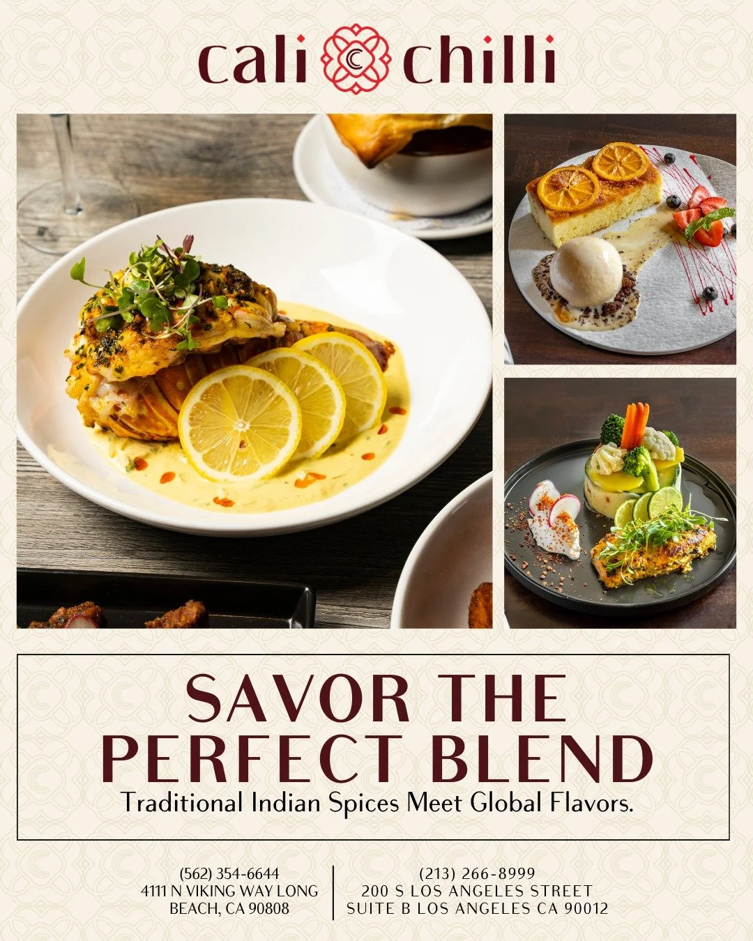 Experience the perfect blend of traditional Indian spices and global flavors at CaliChilli. Under the guidance of Michelin-starred Chef Manjunath Mural, our innovative menu features signature dishes like Butter Chicken Pot Pie and Lobster Penang, all
