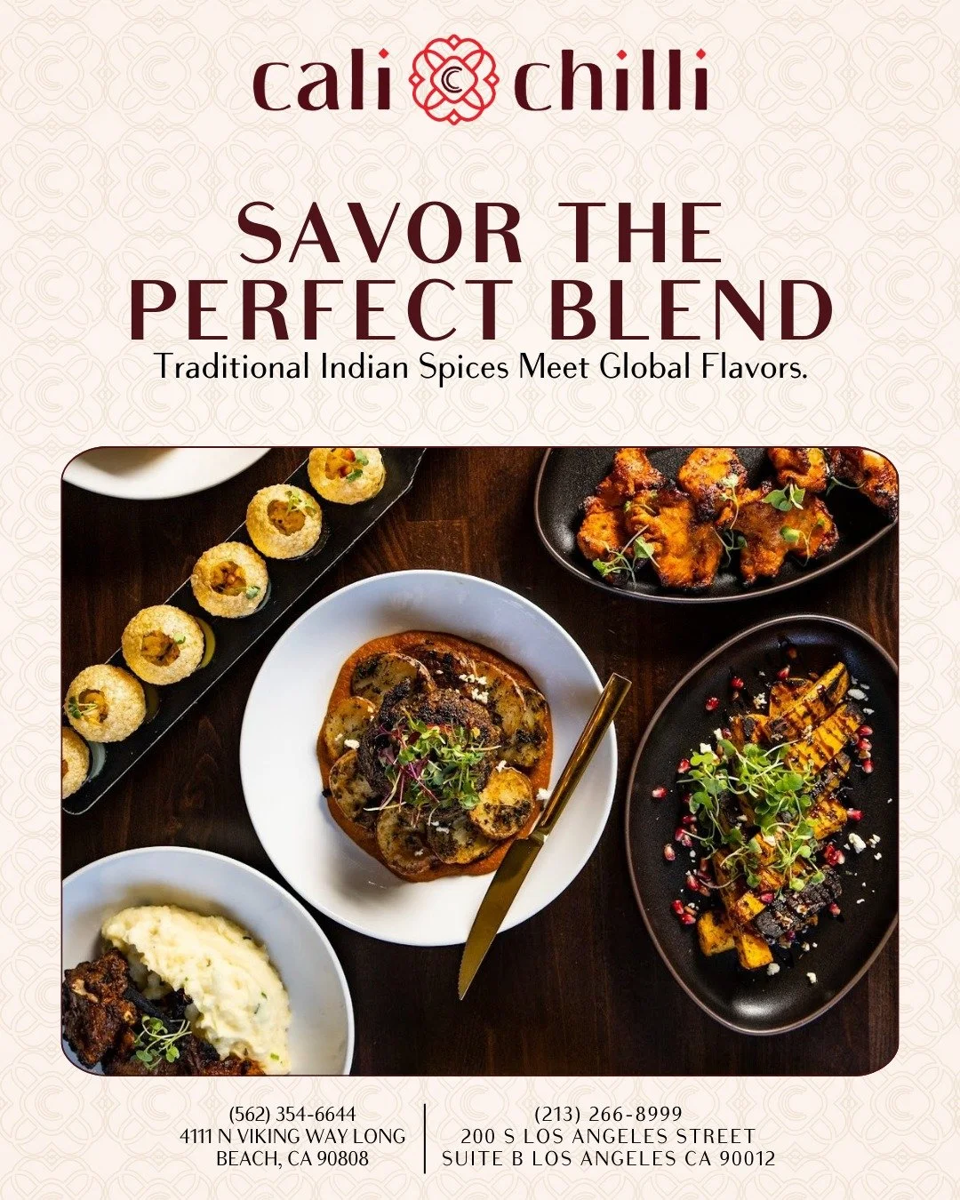 Experience the perfect blend of traditional Indian spices and global flavors at CaliChilli. Under the guidance of Michelin-starred Chef Manjunath Mural, our innovative menu features signature dishes like Butter Chicken Pot Pie and Lobster Penang, all