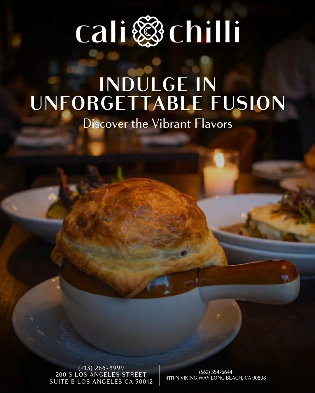 🔥 Indulge in Unforgettable Fusion.

Where bold spices meet buttery pastry. Where global inspirations collide on one plate &mdash; and leave you breathless.

Discover the vibrant flavors of Cali Chilli &mdash; where every bite is an adventure, every 