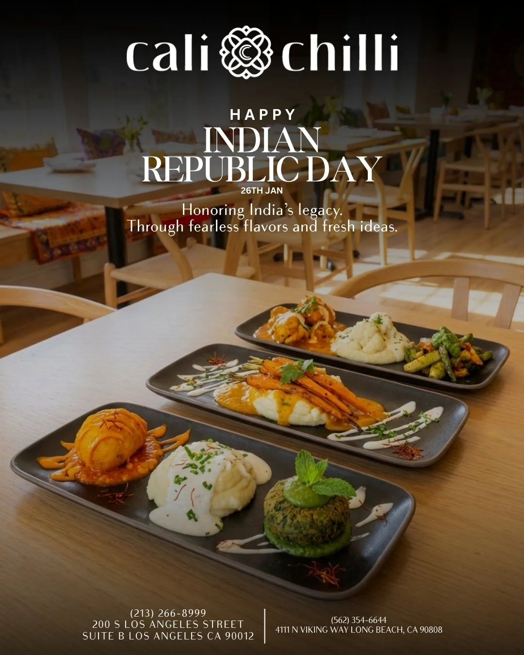 🎉 Happy Indian Republic Day from Cali Chilli!
Honoring India&rsquo;s rich legacy with fearless flavors &amp; fresh twists on tradition.

Whether you&rsquo;re craving bold curries, vibrant veggies, or creamy comfort &mdash; we&rsquo;ve got your celeb