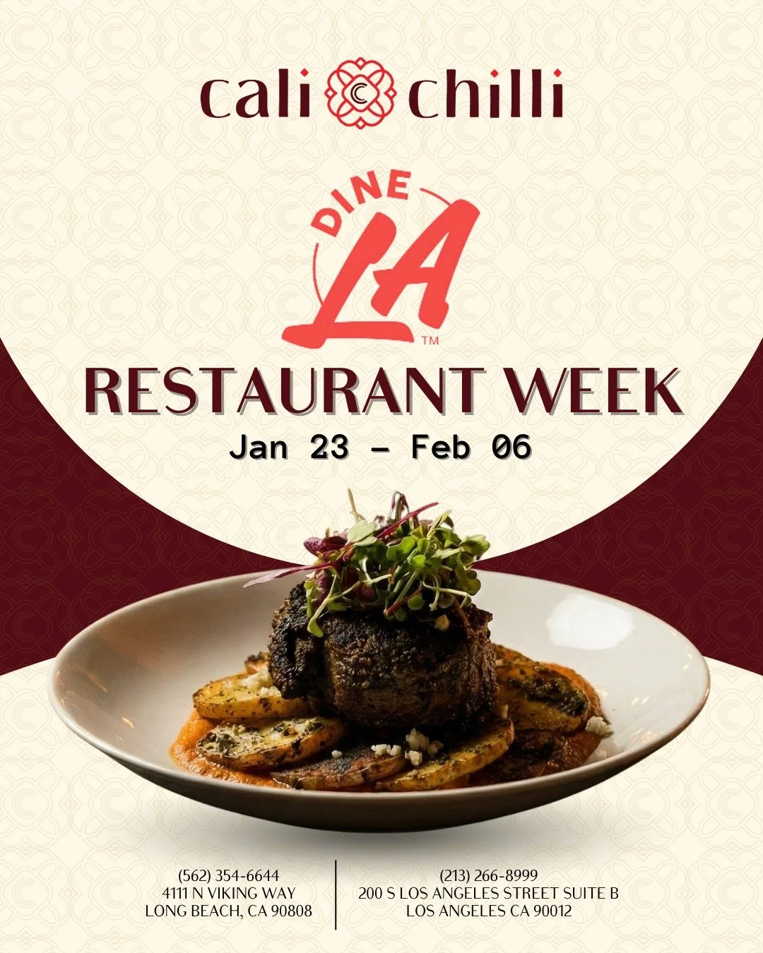 🌶️ Dine LA Restaurant Week is HERE &mdash; and Cali Chilli is serving bold, unforgettable flavors!

From Jan 23 &ndash; Feb 6, savor our special prix-fixe menu featuring expertly spiced dishes like this crave-worthy herb-crusted short rib with roast