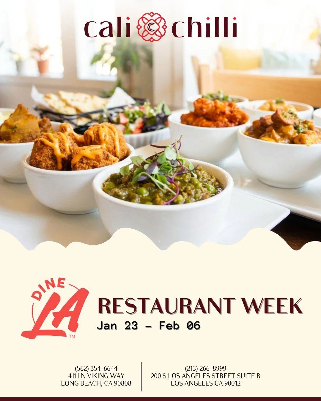 🌶️ Dine LA Restaurant Week is HERE &mdash; and Cali Chilli is serving bold, unforgettable flavors!

From Jan 23 &ndash; Feb 6, savor our special prix-fixe menu featuring expertly spiced dishes like this crave-worthy herb-crusted short rib with roast