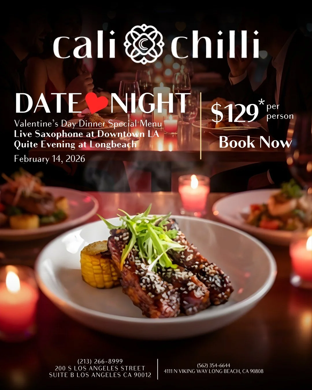 ❤️ DATE NIGHT IS CALLING&hellip; and it&rsquo;s served with spice, soul, and saxophone.
Celebrate love at Cali Chilli with our exclusive Valentine&rsquo;s Dinner Special Menu &mdash; $129* per person &mdash; featuring:

✨ Live saxophone at Downtown L