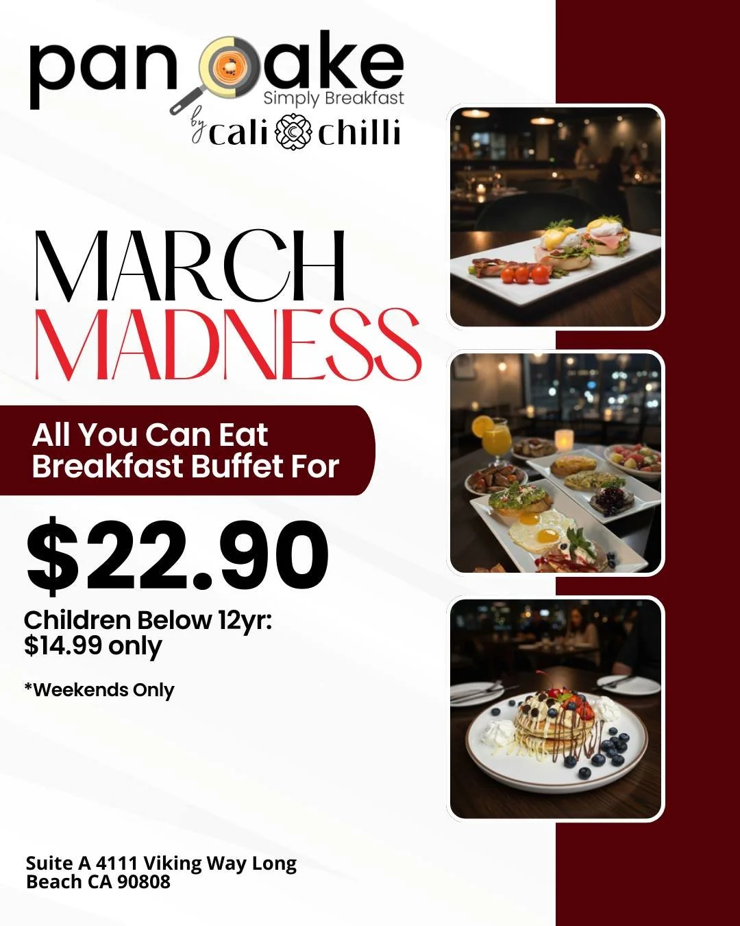 🎉 March Madness is here&mdash;and it&rsquo;s breakfast-powered! 🥞✨

Join pancake by cali chilli for our Weekend-Only All-You-Can-Eat Breakfast Buffet&mdash;where indulgence meets joy at just $22.90 (adults) or $14.99 (kids under 12)! 🍳🍓

From sav