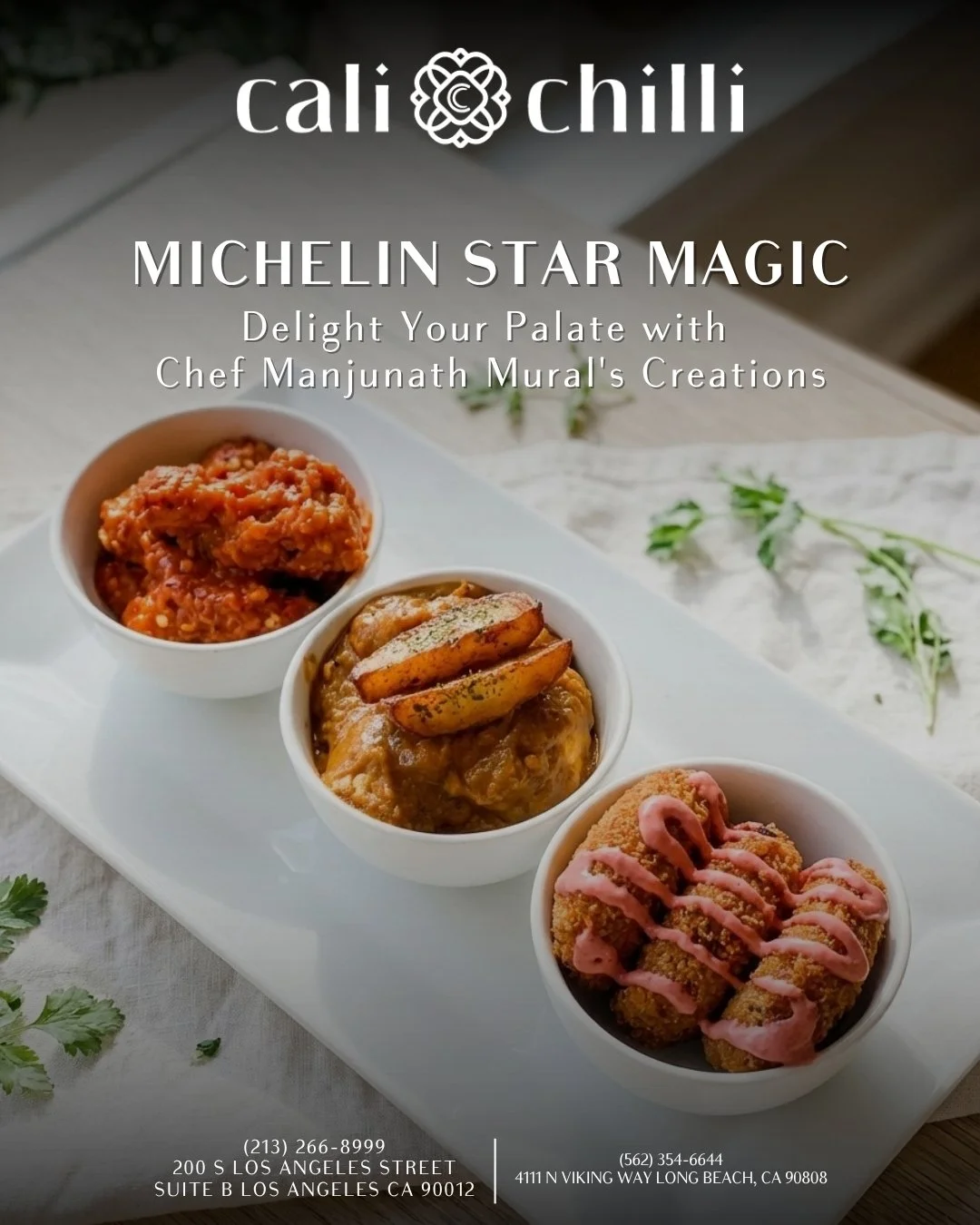 Experience Michelin Star Magic at Cali Chilli! ✨

Delight your palate with the exquisite creations of Chef Manjunath Mural. From bold flavors to artistic presentation, come taste the difference.

#CaliChilli #MichelinStarMagic #ChefManjunathMural #LA