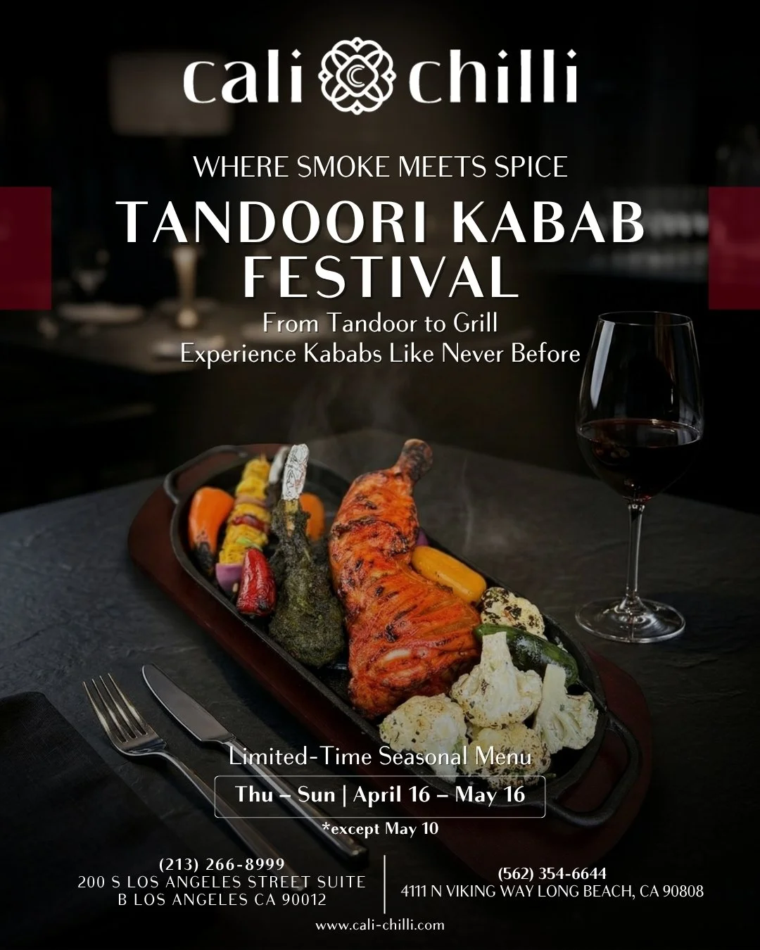 The wait is over! 🔥 Dive into the smoky, spicy flavors of our Tandoori Kabab Festival at Cali Chilli. From the tandoor to the grill, experience kababs like never before. 🍢

🗓️ When: Thu &ndash; Sun | April 16 &ndash; May 16
📍 Where: Los Angeles &