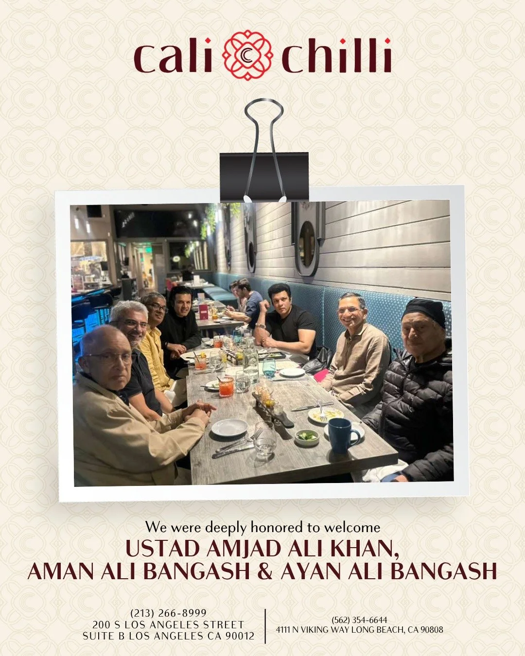 Honored to host the legendary Ustad Amjad Ali Khan and his sons Aman Ali Bangash &amp; Ayan Ali Bangash at Cali Chilli last evening.

A memorable night filled with music, warmth, and soulful flavors.
The maestro especially enjoyed our Chilean Tandoor