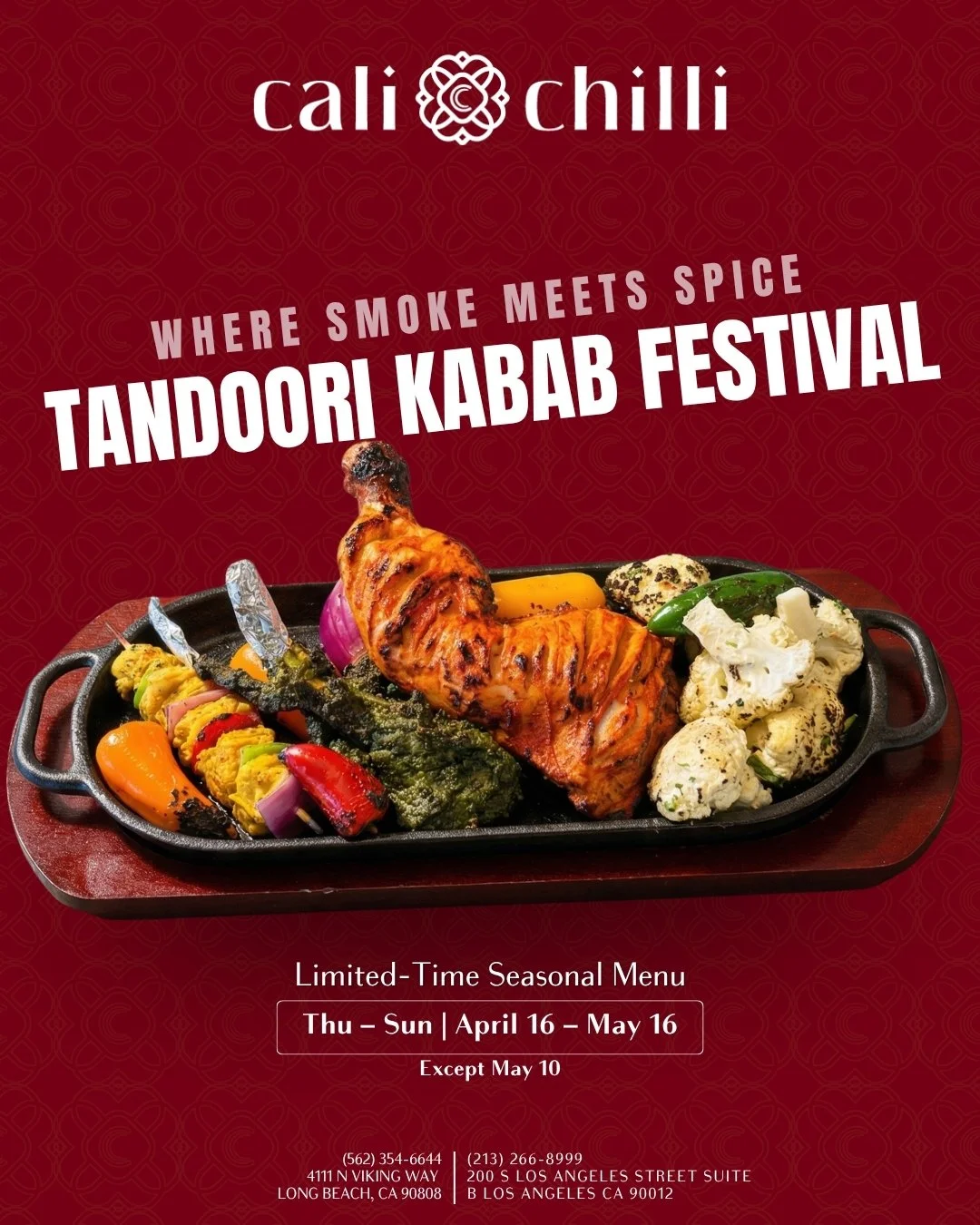 🔥 Where Smoke Meets Spice! The Tandoori Kabab Festival is finally here. Dive into our limited-time seasonal menu featuring the best grilled flavors. Available Thu&ndash;Sun from April 16 &ndash; May 16. Don't miss out! 🍗✨

#CaliChilli #TandooriKaba