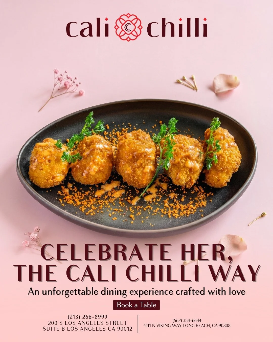 Celebrate HER, the Cali Chilli way! 🌸✨

Whether it's a special milestone or just because, treat the special woman in your life to an unforgettable dining experience crafted with love. From our signature crispy croquettes to an evening filled with la
