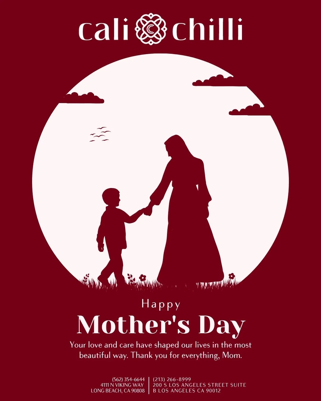 Happy Mother&rsquo;s Day! 💐

Your love and care have shaped our lives in the most beautiful way. Thank you for everything, Mom. ❤️

Today, we celebrate the woman who does it all. Treat her to a meal as special as she is. Join us at Cali Chilli for a