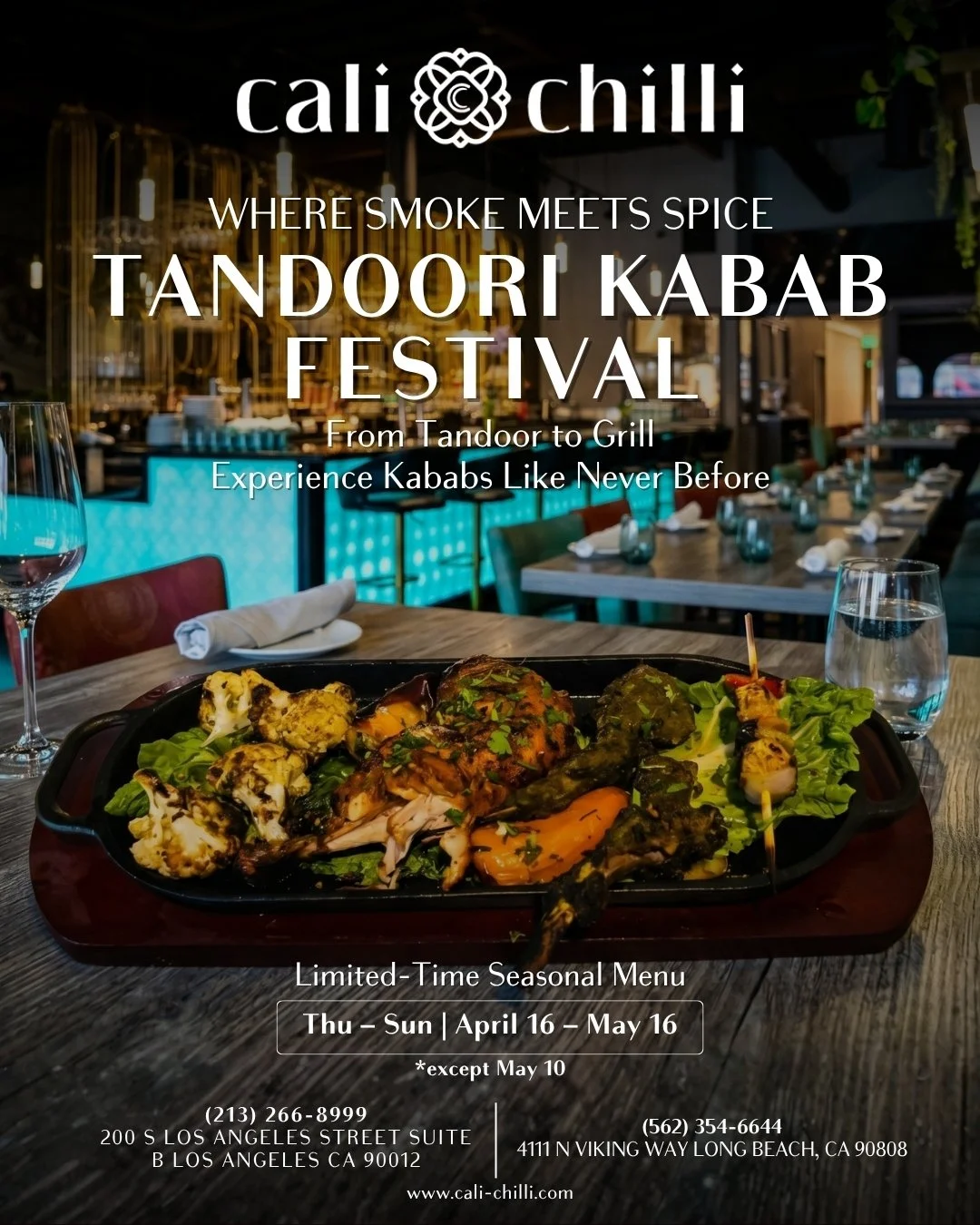 🔥 Dive into the smoky, spicy flavors of our Tandoori Kabab Festival at Cali Chilli. From the tandoor to the grill, experience kababs like never before. 🍢 
🗓️ When: Thu &ndash; Sun | April 16 &ndash; May 16
📍 Where: Los Angeles &amp; Long Beach
Do