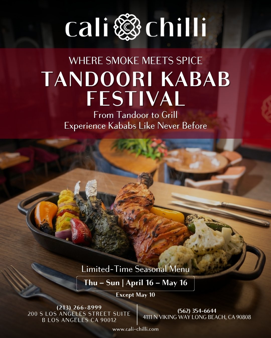 🔥 Where Smoke Meets Spice! The Tandoori Kabab Festival is finally here. Dive into our limited-time seasonal menu featuring the best grilled flavors. Available Thu&ndash;Sun from April 16 &ndash; May 16. Don't miss out! 🍗✨ 

#CaliChilli #TandooriKab