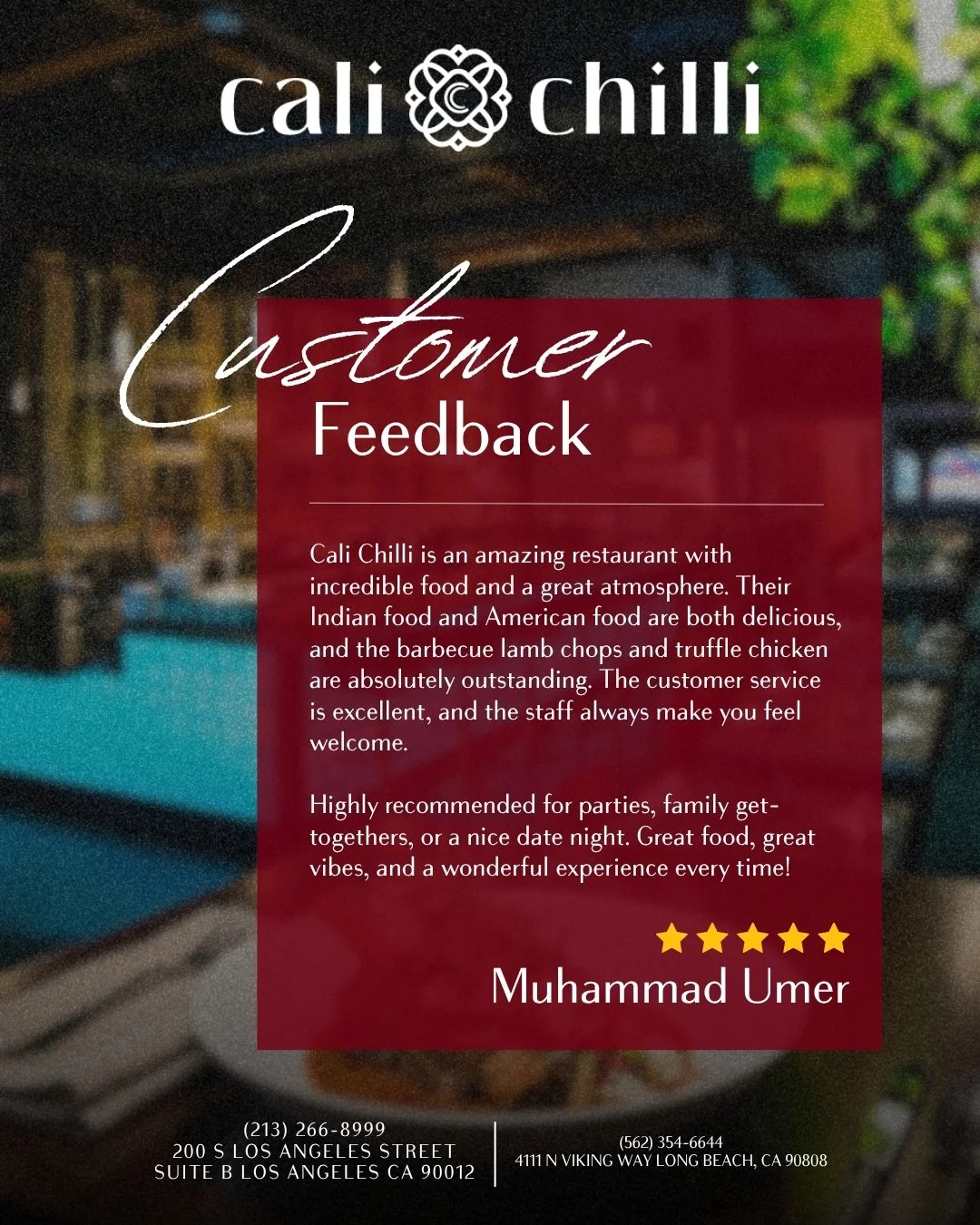There&rsquo;s no better compliment than the words of our guests! 🌟 We&rsquo;re absolutely thrilled to share this glowing 5-star review from Muhammad Umer, highlighting exactly what we strive for at Cali Chilli&mdash;from our delicious blend of India