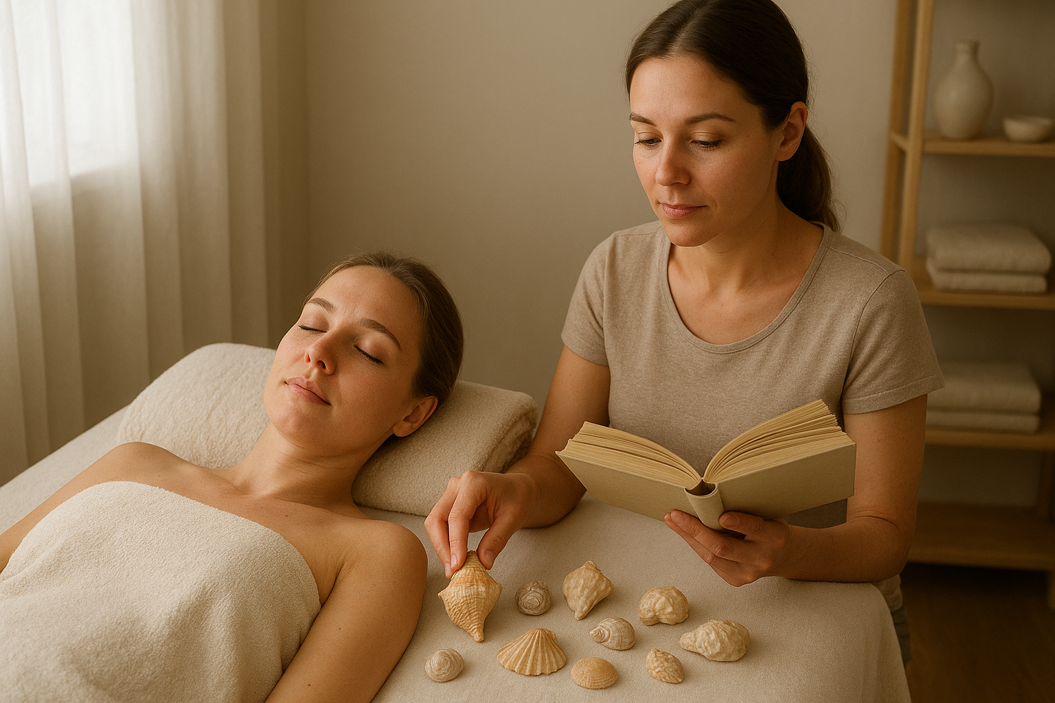 A woman receiving a seashell massage while lying on a massage table, with another woman reading a book nearby in a spa setting.