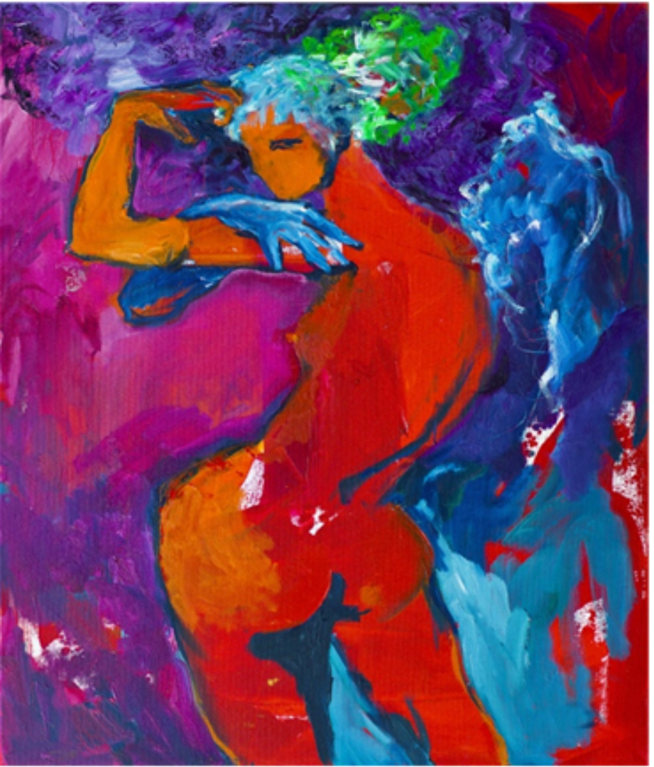 An abstract painting of a person with green hair, closed eyes, and colorful clothing, resting their head on their hand, with vibrant colors including purple, blue, red, orange, and green.